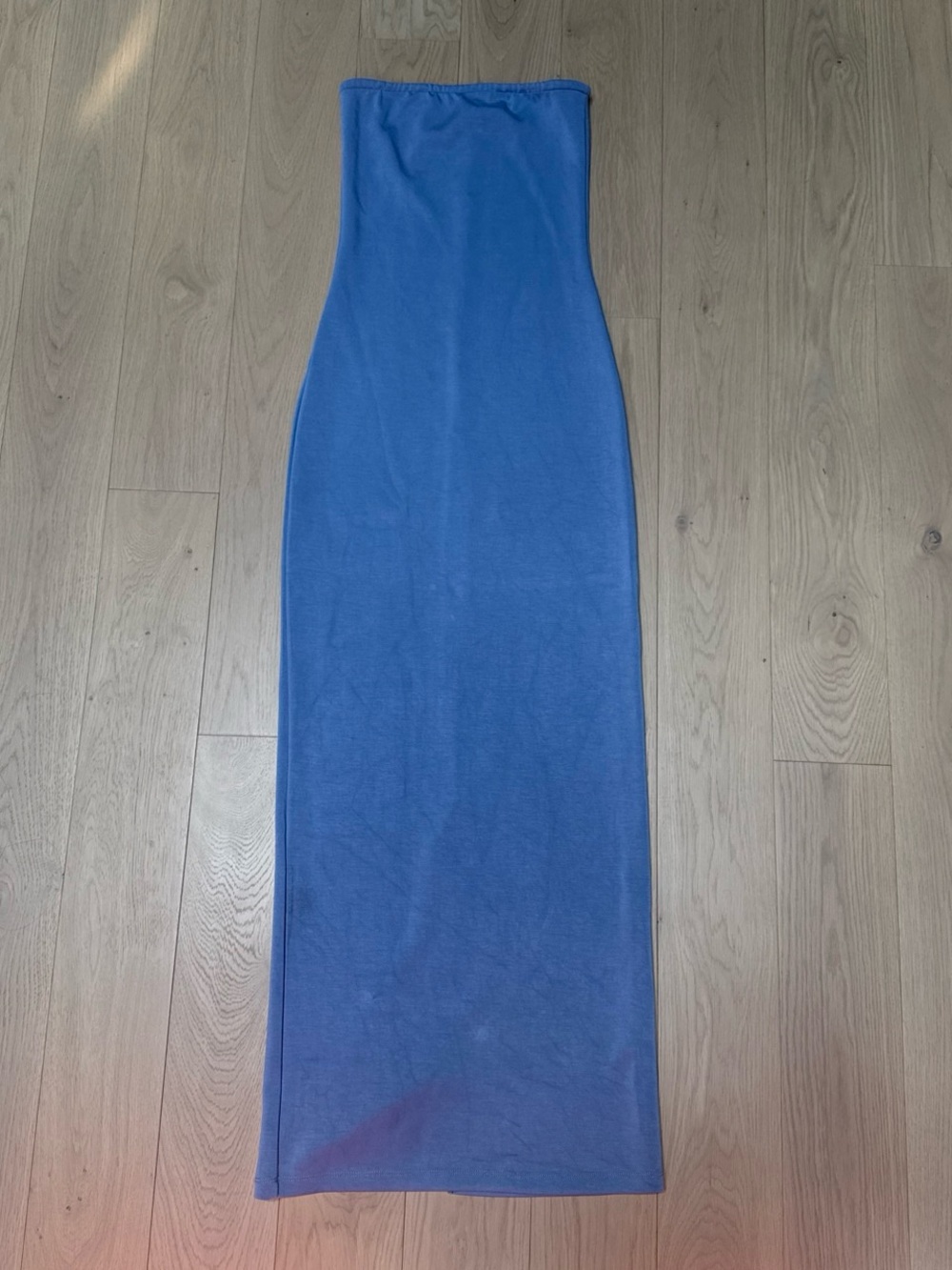 Edikted Strapless Back Slit Maxi Dress Blue
